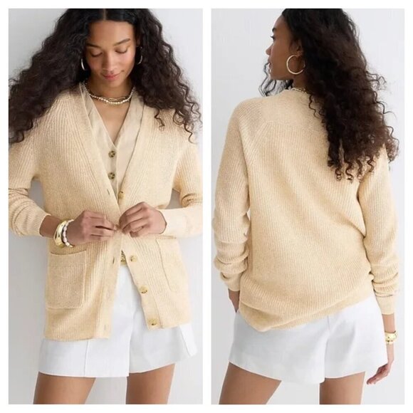 J. Crew Relaxed Cotton Linen Blend Cardigan Sweater Knit in Tan Women's S - Picture 1 of 7